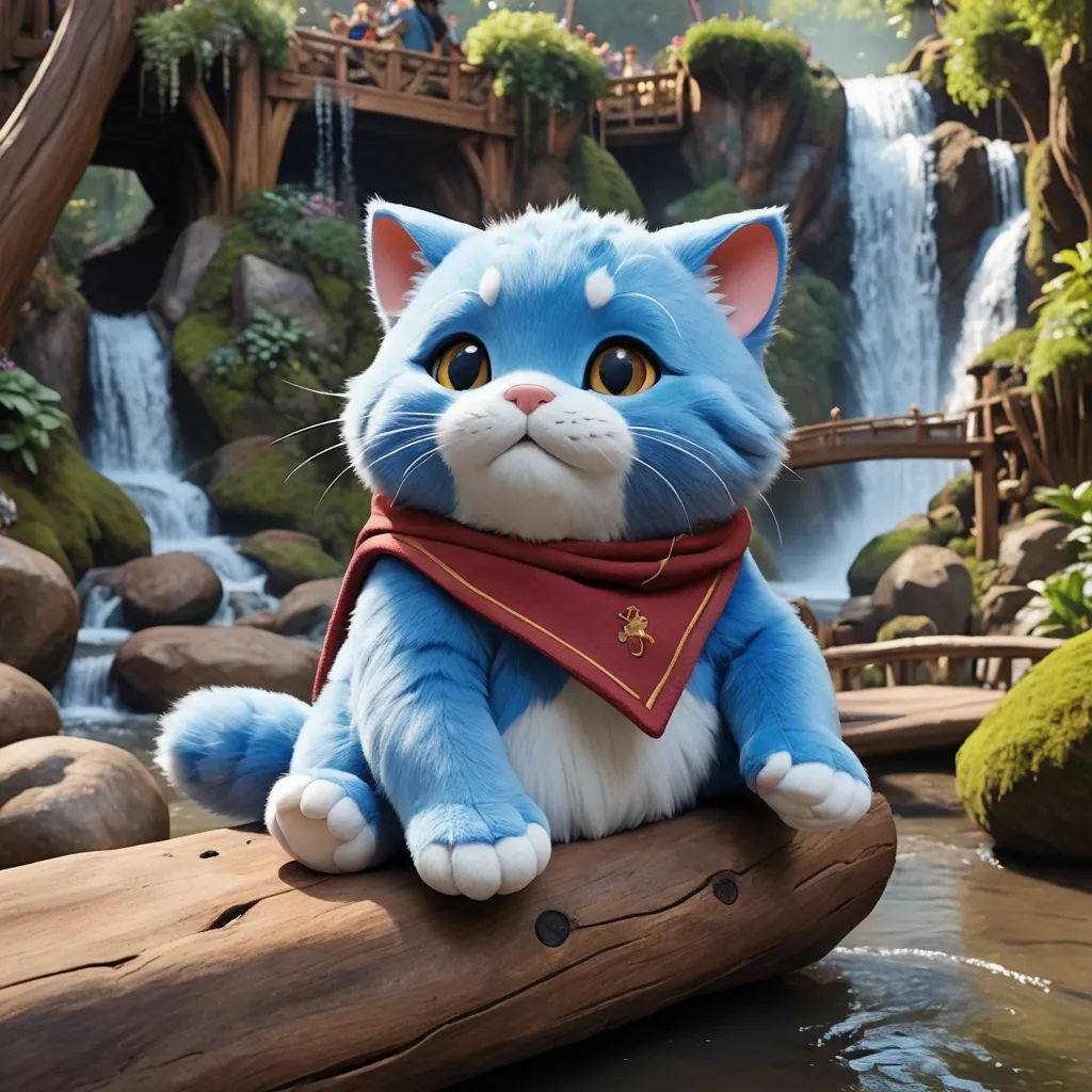a blue cat sitting on a log in front of a waterfall and bridge with people in the background and a waterfall, sots art, a character portrait, Chris LaBrooy, unreal engine highly rendered