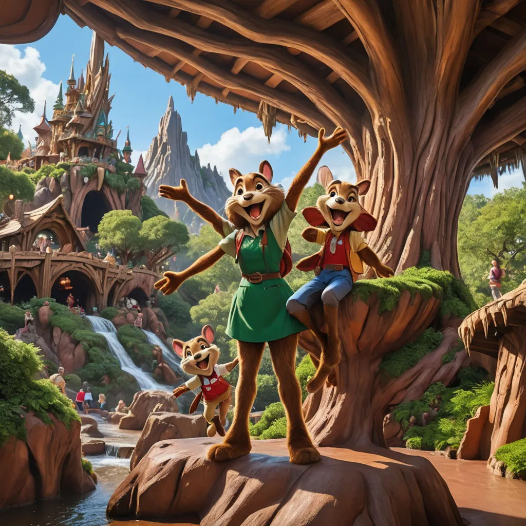 a cartoon scene of a group of chipmuns in a forest with a waterfall and a castle in the background, furry art, concept art, Chris LaBrooy, promotional image