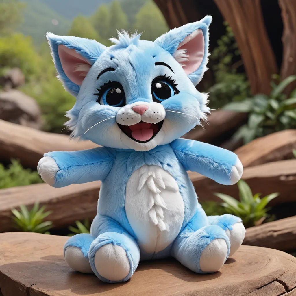 a blue stuffed animal sitting on top of a wooden stump in a forest area with a mountain in the background, furry art, a stock photo, Chippy, unreal engine 5 quality render