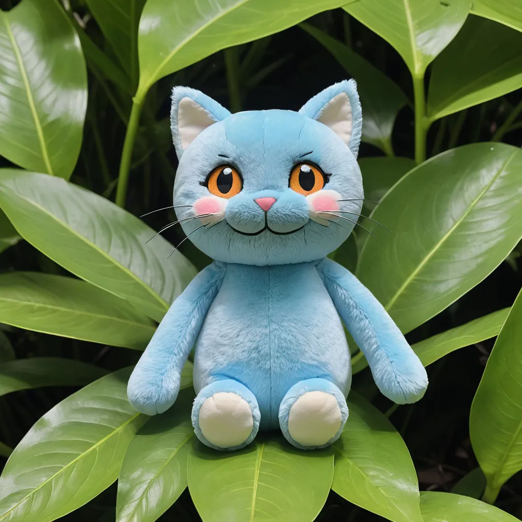 a blue stuffed cat sitting on top of a green plant with leaves around it and a yellow eye on the face, lowbrow, a character portrait, Cui Bai, product photo