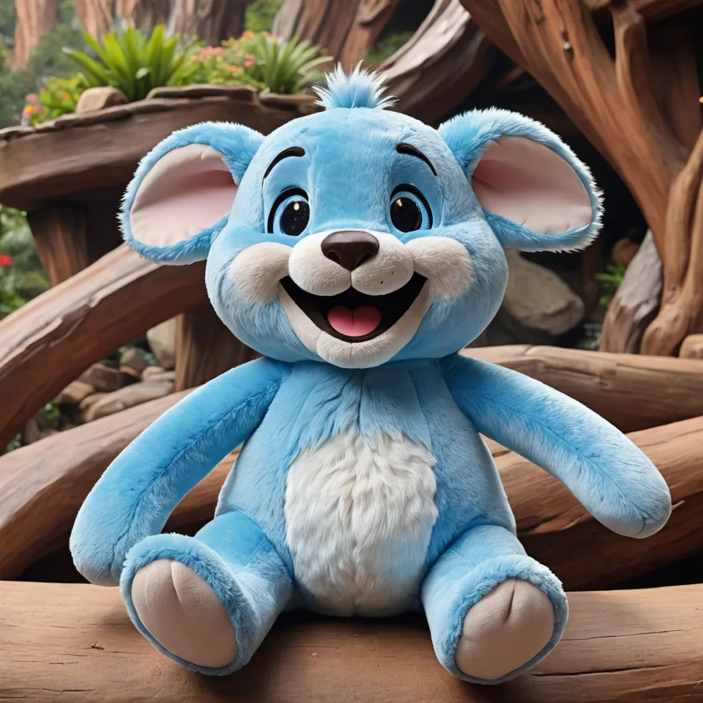 a blue stuffed animal sitting on a log in a forest area with a tree trunk in the background and a wooden fence in the foreground, furry art, a character portrait, Chippy, product photo