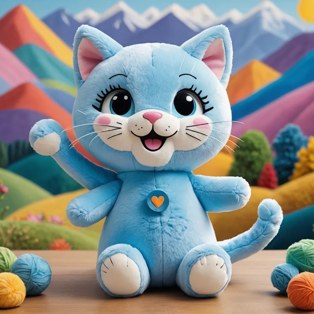 a blue stuffed cat sitting on top of a table next to balls of yarn and a ball of yarn, sots art, a character portrait, Chris LaBrooy, product photo