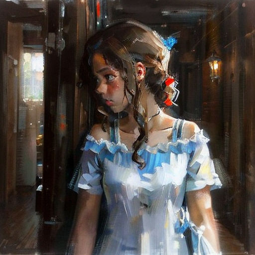 a painting of a woman with a ponytail in a dress looking down at her face and holding a red object in her hand