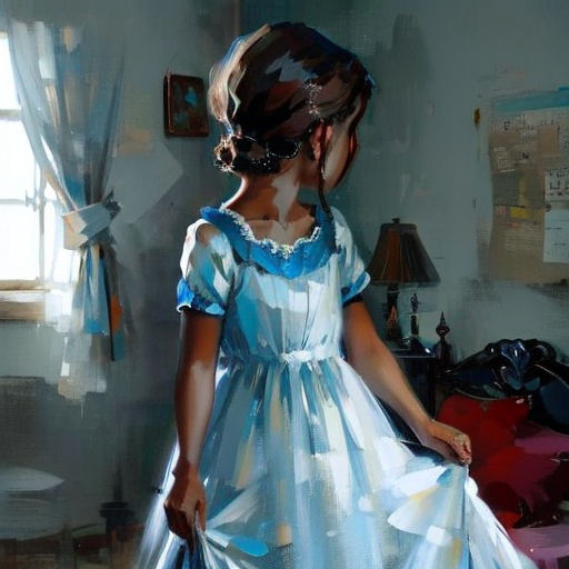a painting of a woman in a blue dress holding a purse in a room with a window and a bed