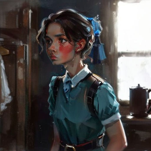 a painting of a woman in a green shirt and a blue shirt with a bow on her head and a teal shirt on her shoulder