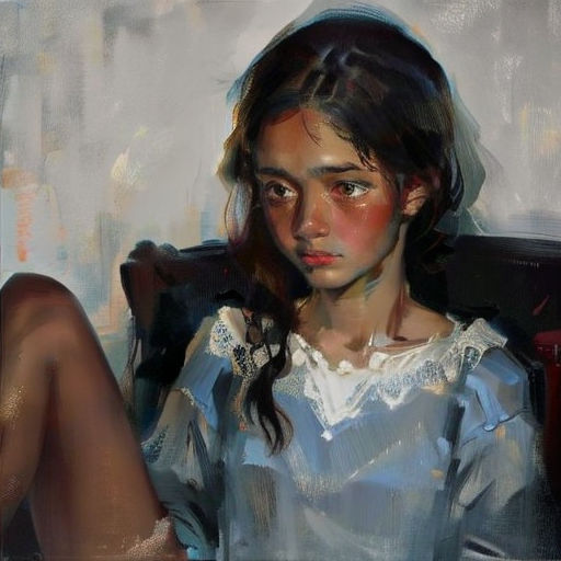 a painting of a girl sitting in a chair with her legs crossed and her head turned to the side