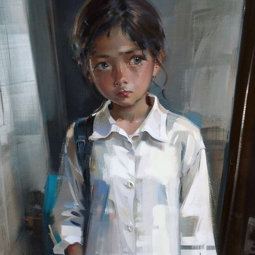 a painting of a young girl in a white shirt and jeans standing in a doorway with a handbag