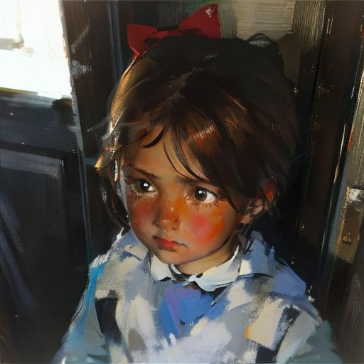 a painting of a little girl with a bow on her head and a blue shirt on her shoulders and a red bow on her headband