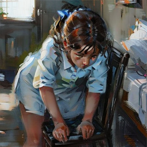a painting of a woman sitting in a chair with a laptop computer in her lap and a cat on the floor