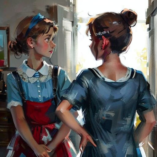 two women in dresses standing in a room with a window behind them and a door open to the other side