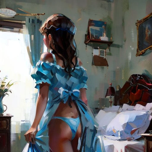 a painting of a woman in a blue dress in a bedroom with a bed and a dresser with a mirror