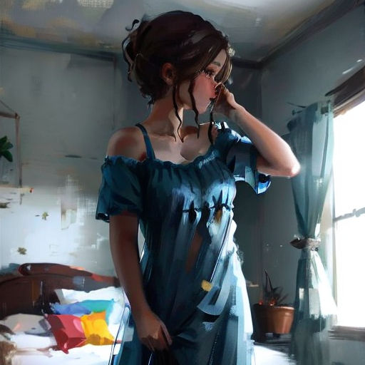 a woman in a blue dress standing in a room with a bed and a window behind her, holding a purse