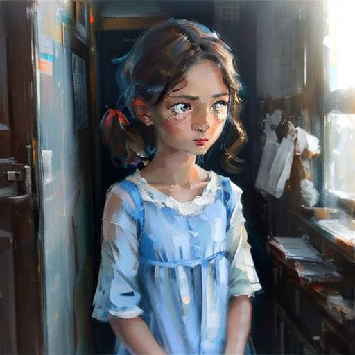 a painting of a girl in a blue dress standing in a doorway with a window behind her and a book shelf in the background