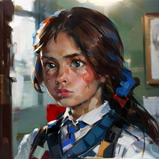 a painting of a girl with a blue headband and a white shirt and tie and a picture of a man