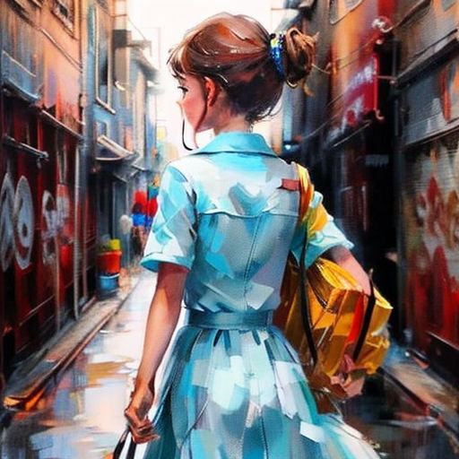 a painting of a woman walking down a street holding a bag and a purse in her hand and a man walking behind her