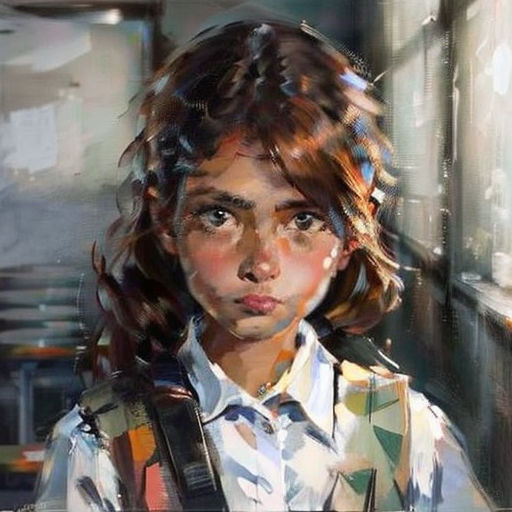 a painting of a young girl with a camera in her hand and a backpack on her shoulder, looking at the camera