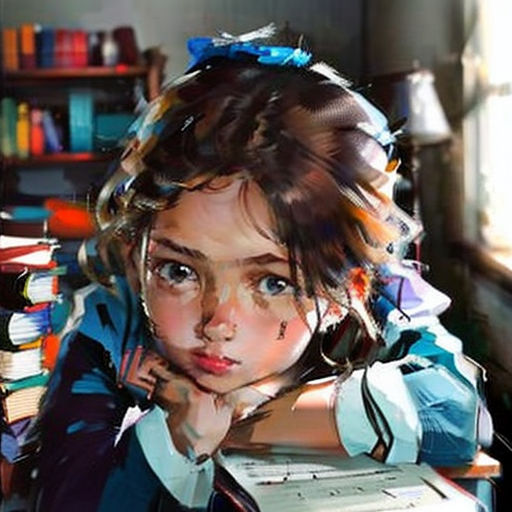 a painting of a girl sitting at a desk with books on it's desk and a bookcase in the background