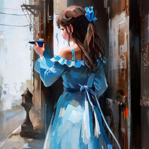 a painting of a woman in a blue dress holding a cup of coffee and looking out a window at a street