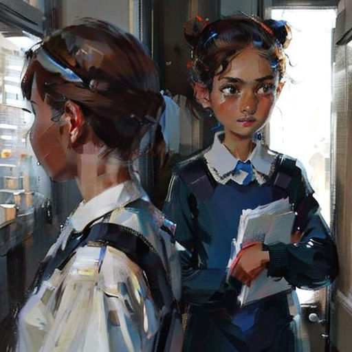a painting of two girls looking out a window at each other and holding papers in their hands, with a city in the background