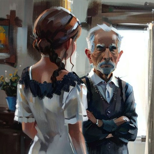 a painting of a man and woman looking at each other in a mirror together, with a man in a suit and tie standing next to them