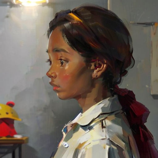 a painting of a woman in a white shirt and red scarf with a yellow bear on a table behind her