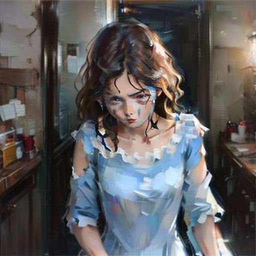 a painting of a woman in a blue dress in a kitchen with a knife in her hand and a knife in her other hand