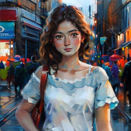 a painting of a woman standing in the rain with an umbrella in her hand and a city street in the background