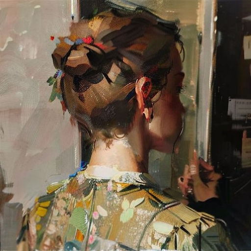 a woman with a flower in her hair looking out a window at a man in a suit and tie