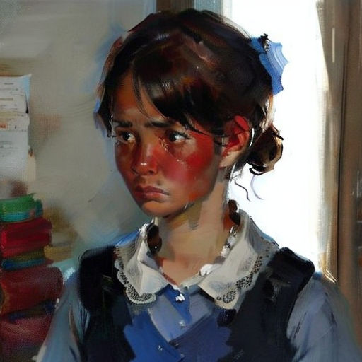 a painting of a girl with a blue shirt and a black vest and a red face and a stack of books