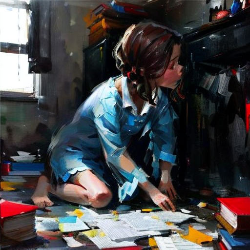 a painting of a woman sitting on the floor with a pile of papers on the floor next to her