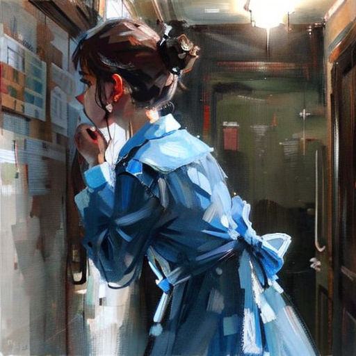 a painting of a woman in a blue dress looking out a train window at the light coming through the window