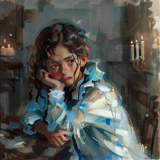 a painting of a woman sitting at a table talking on a cell phone with candles in the background and a candle lit room