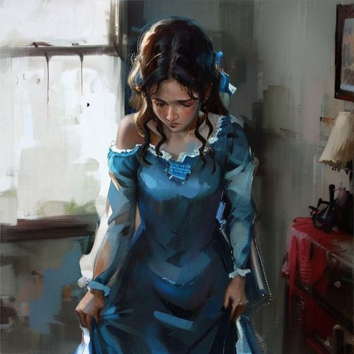 a painting of a woman in a blue dress holding a suitcase and looking down at her purses and purses