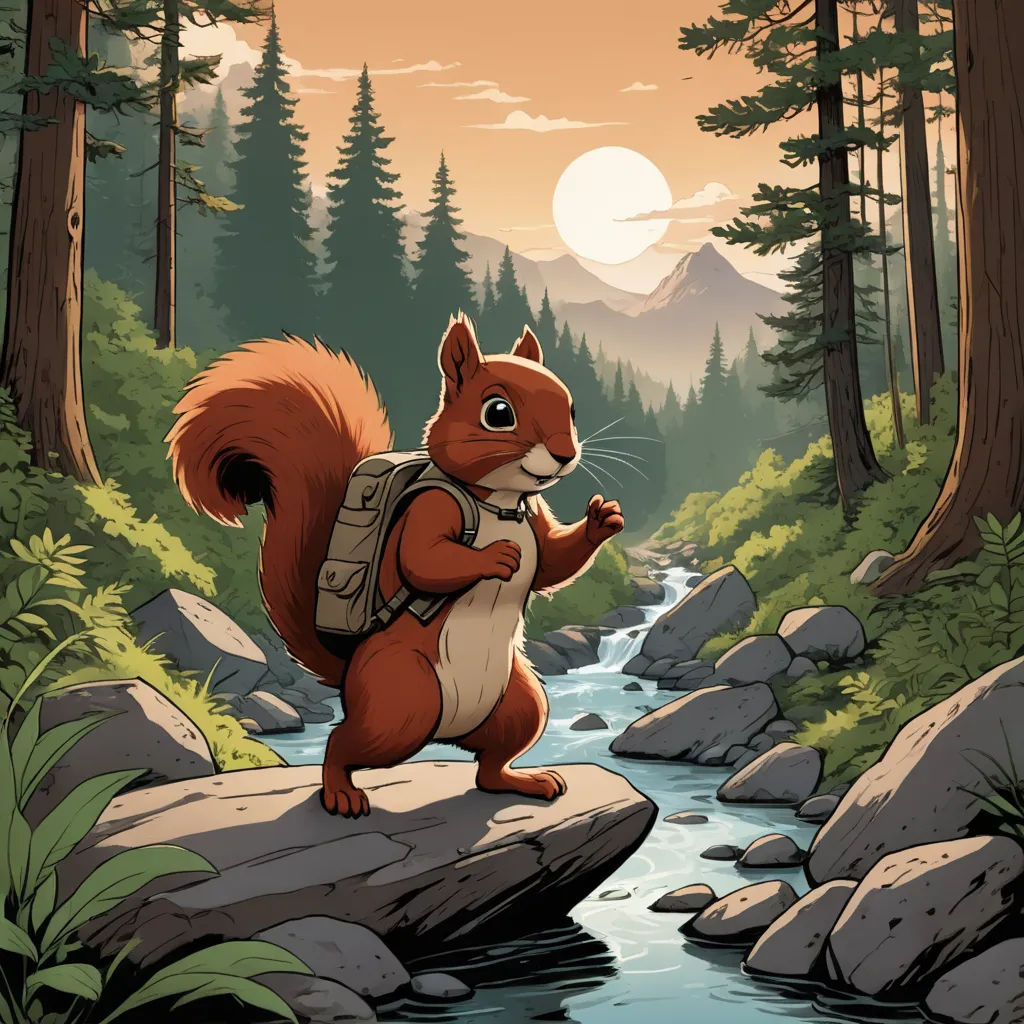 a squirrel is standing on a rock in the woods and waving to the camera with a backpack on his back, furry art, a storybook illustration, Chris LaBrooy, josan gonzales and dan mumford