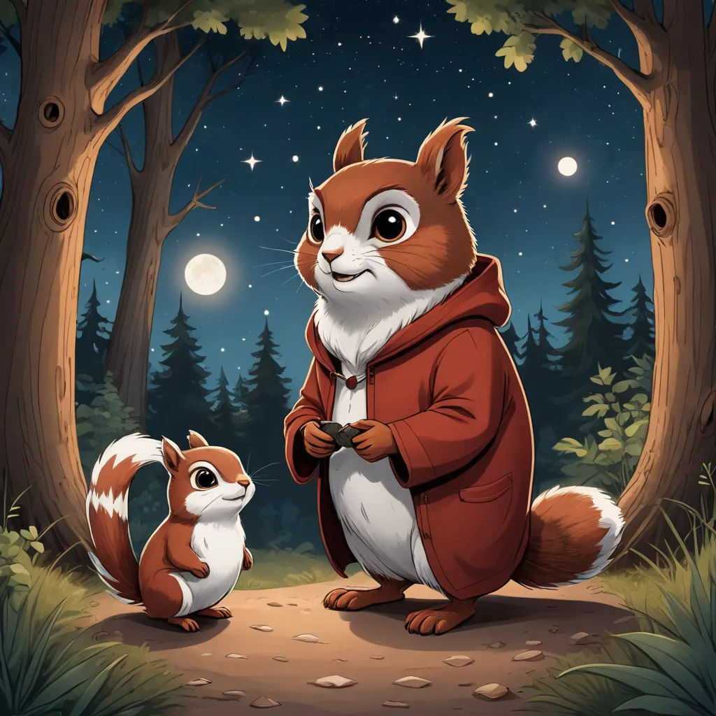 a squirrel and a squirrelling in the woods at night with the moon in the sky above them and stars above them, sots art, a character portrait, Chris LaBrooy, character portrait