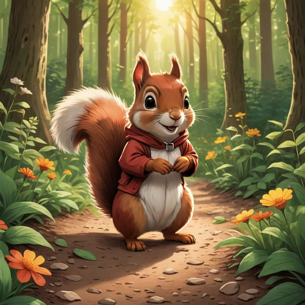 a squirrel is standing in the middle of a forest with flowers and trees around it, and a sun shining through the trees, furry art, a character portrait, Chris LaBrooy, official art