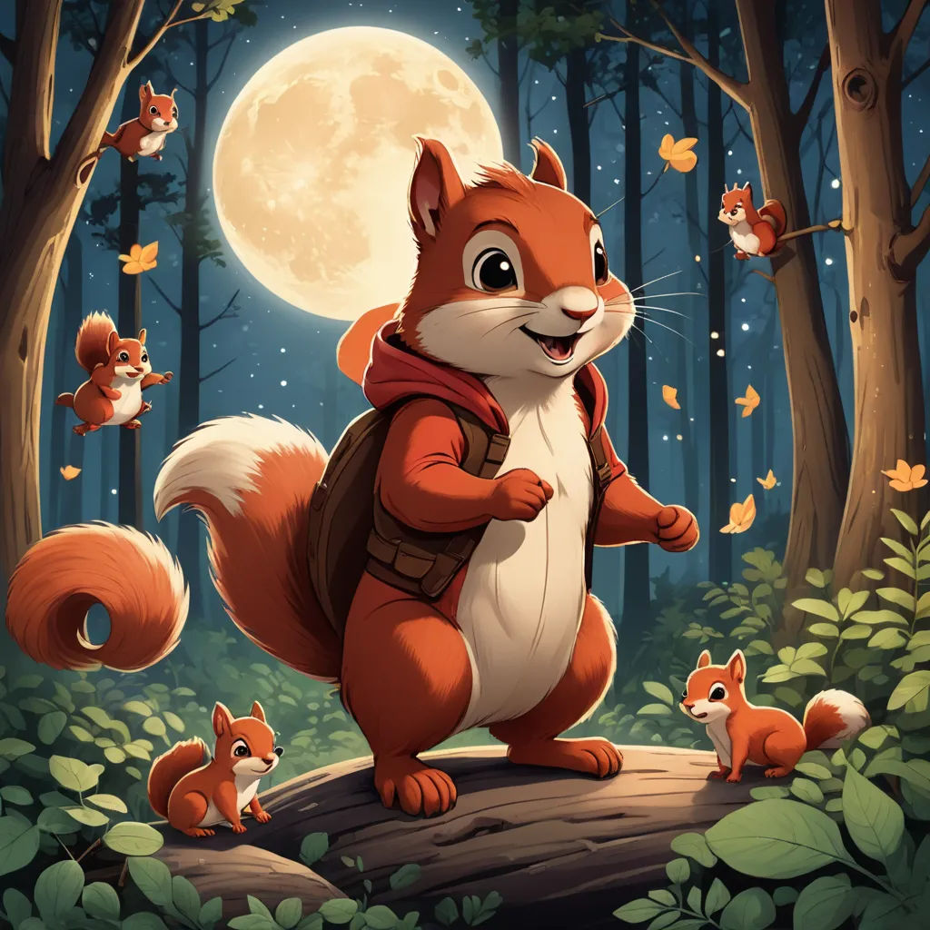 a squirrel with a backpack standing on a log in the woods with a full moon in the background and a group of squirrels around it, sots art, a storybook illustration, Chris LaBrooy, key art