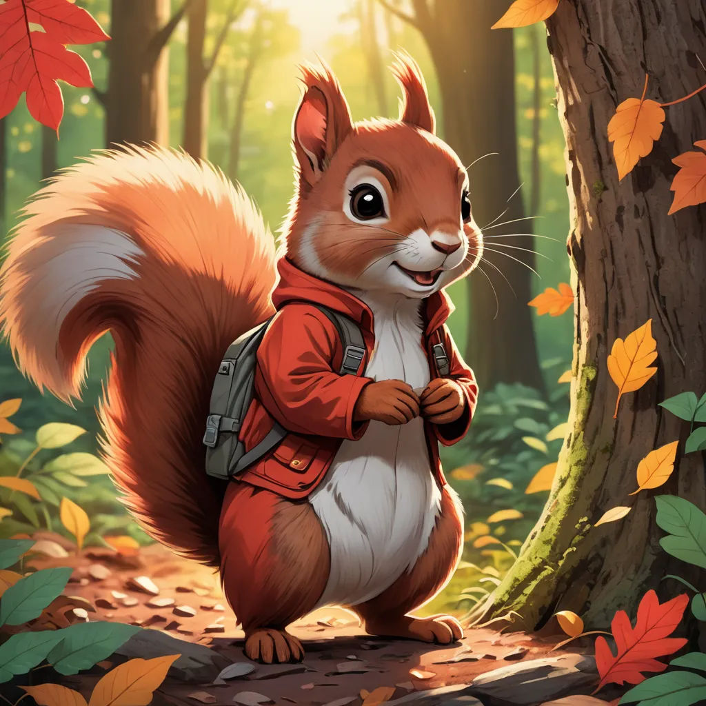 a squirrel is standing in the woods with a backpack on his back and a backpack on his back, and a tree with leaves in the background, altermodern, a character portrait, Chris LaBrooy, official art