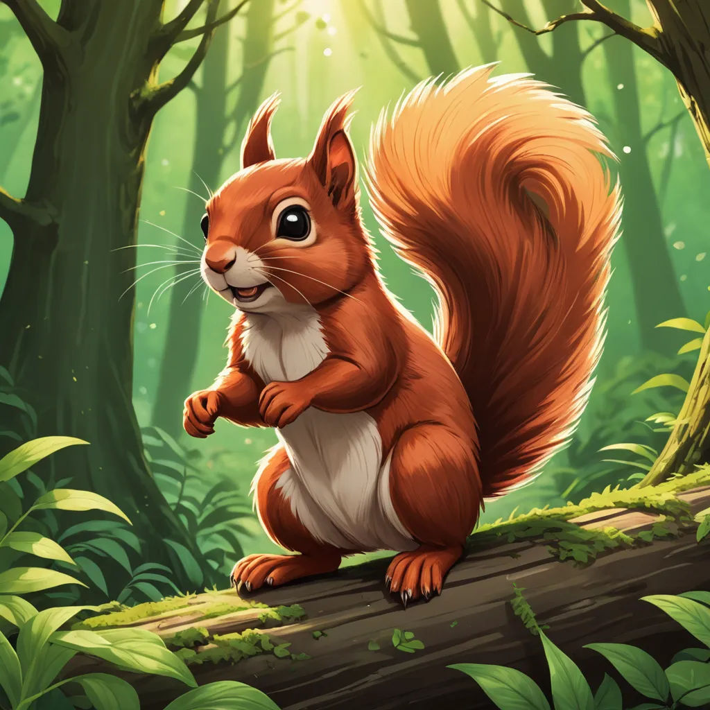 a squirrel standing on a log in a forest with a sunbeam in the background and a tree trunk, altermodern, a character portrait, Chris LaBrooy, magic the gathering artwork