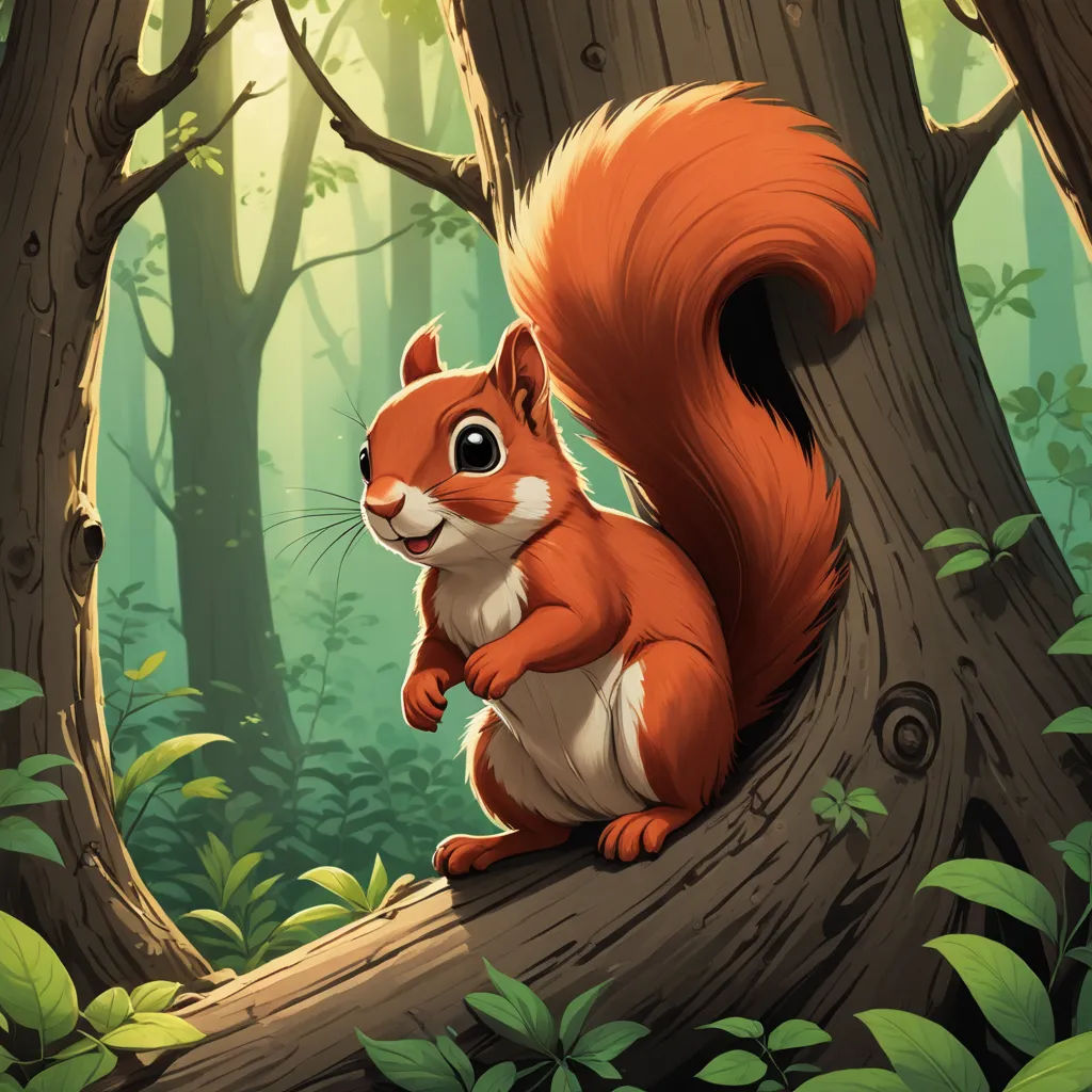 a squirrel sitting on a tree in a forest with green leaves and a tree trunk with a hole in the middle, altermodern, a character portrait, Chris LaBrooy, official art