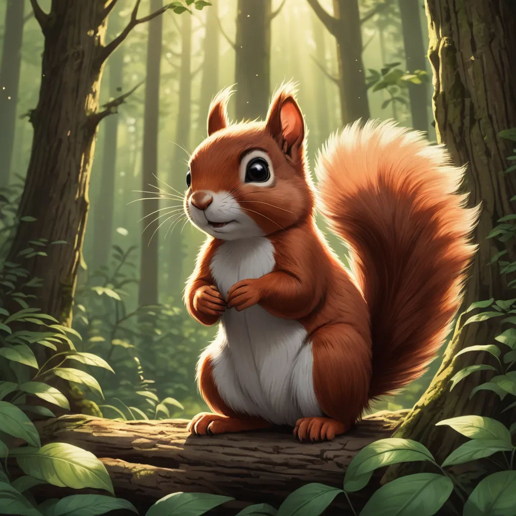 a squirrel is sitting on a log in the woods with its paws on its chest and eyes open, with the sun shining through the trees behind it, altermodern, a digital painting, Chris LaBrooy, magic the gathering artwork