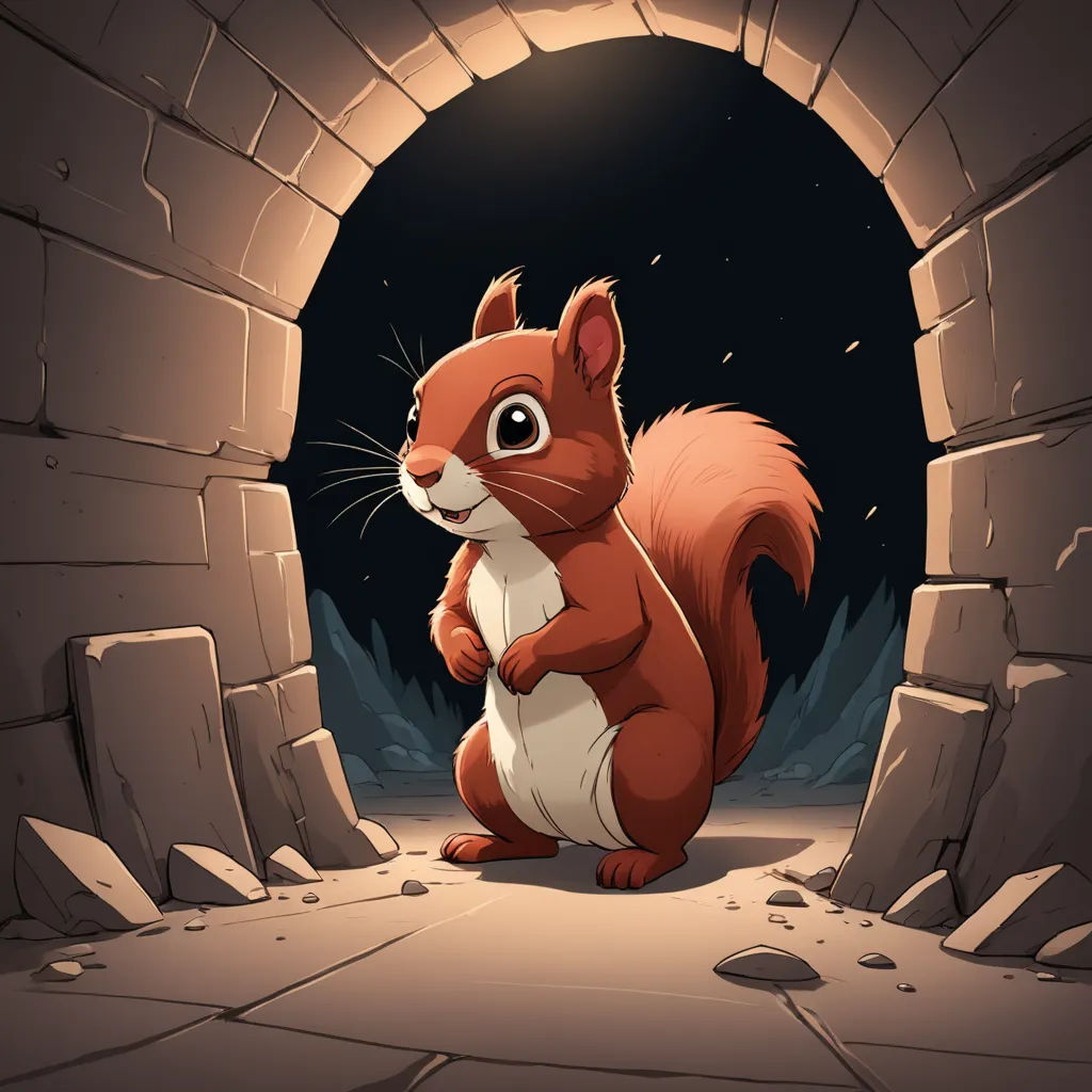 a squirrel is standing in a tunnel with a light on it's head and a dark background with rocks, sots art, a character portrait, Chris LaBrooy, 2 d game art