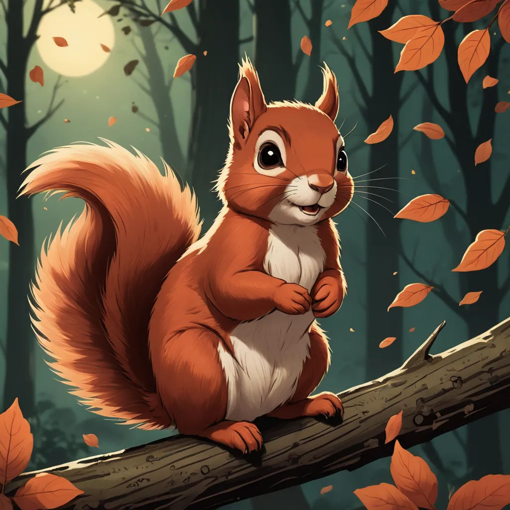 a squirrel sitting on a tree branch in a forest with leaves on the ground and a full moon in the background, altermodern, a digital painting, Chris LaBrooy, magic the gathering artwork