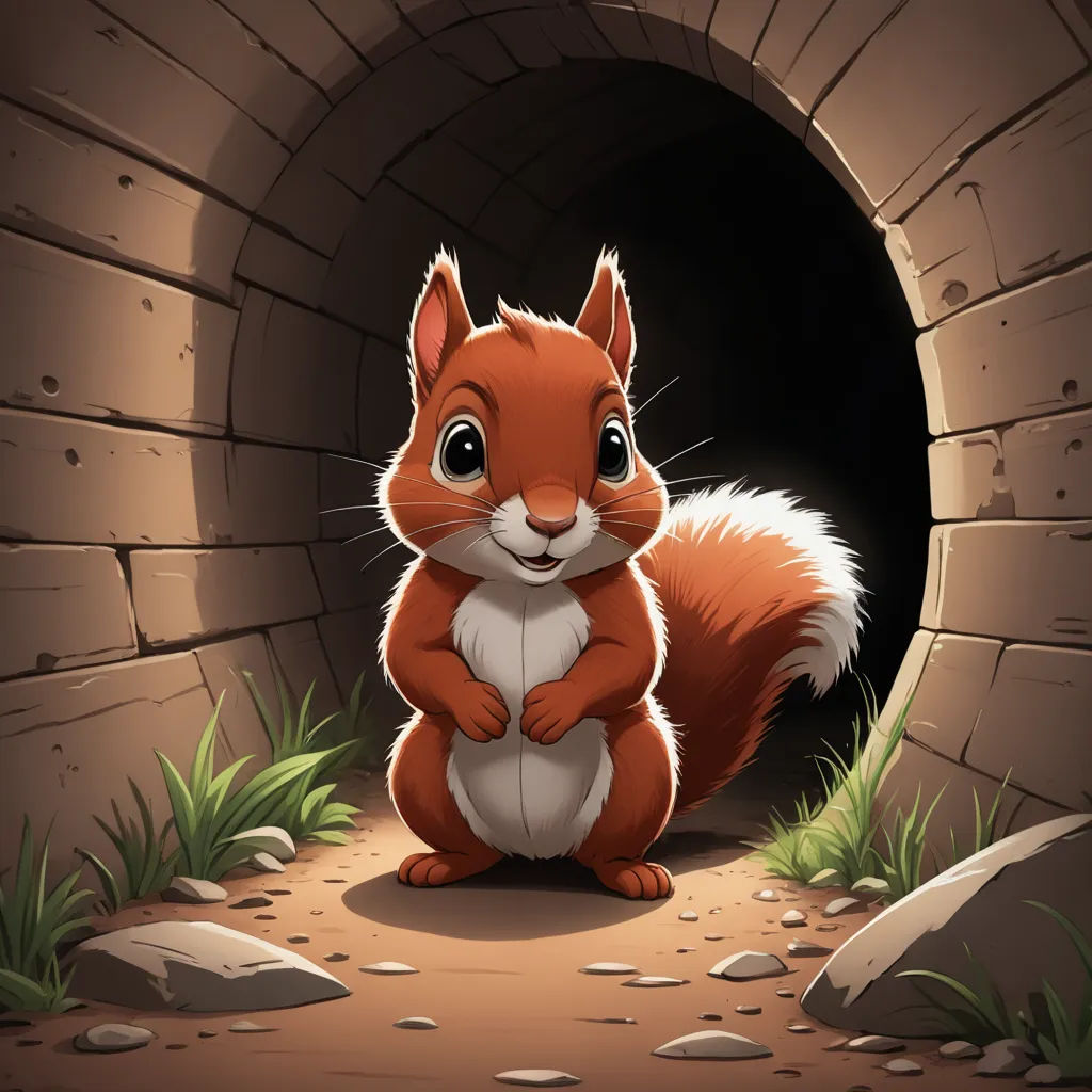 a squirrel standing in front of a tunnel with grass and rocks around it and looking at the camera with a smile, sots art, a storybook illustration, Chris LaBrooy, 2 d game art
