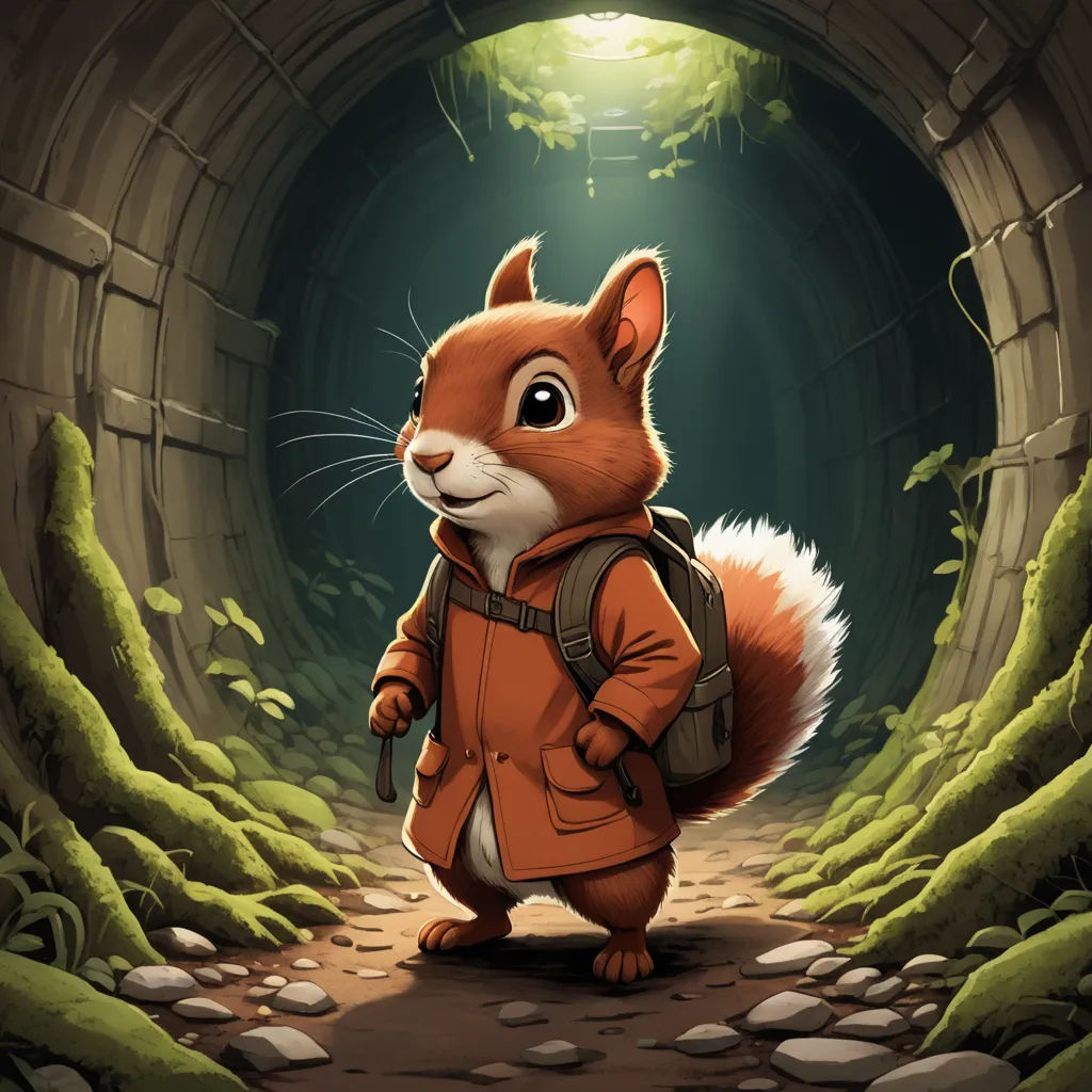 a cartoon squirrel with a backpack in a tunnel with moss and rocks on the ground, with a light shining on the ground, furry art, a character portrait, Chris LaBrooy, official art