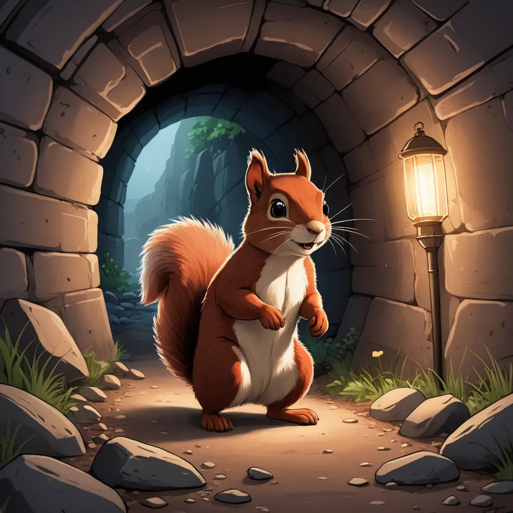a squirrel standing in front of a stone tunnel with a light on it's side and a lantern on the other side, sots art, a character portrait, Chris LaBrooy, 2 d game art