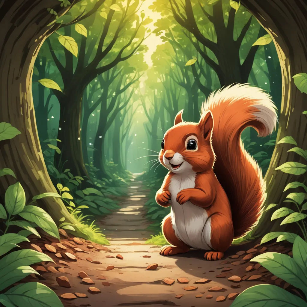 a squirrel sitting in the middle of a forest with leaves on the ground and a path leading to it, furry art, a storybook illustration, Chris LaBrooy, official art