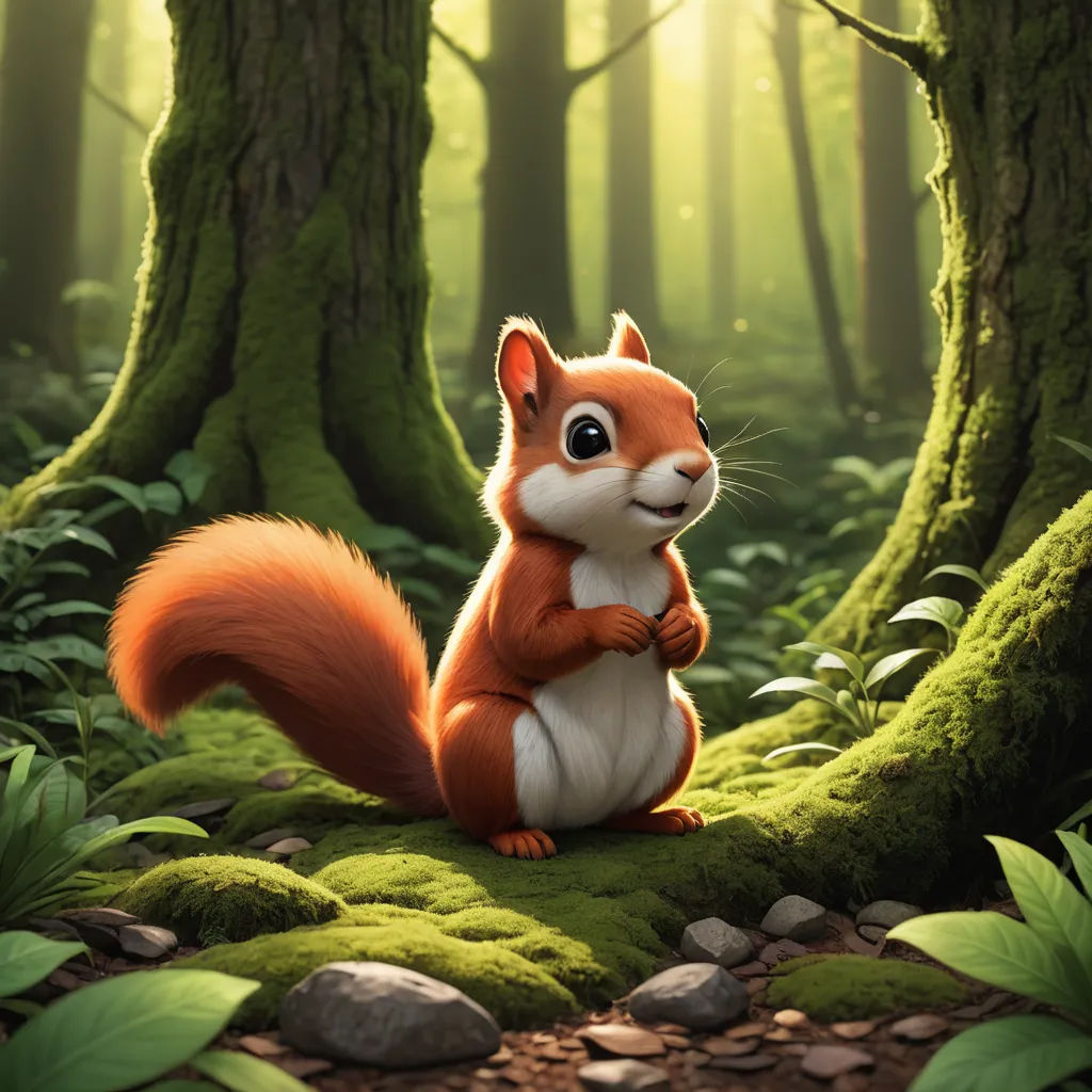 a red squirrel sitting on a mossy ground in a forest with trees and rocks in the foreground, furry art, a digital painting, Chris LaBrooy, official art