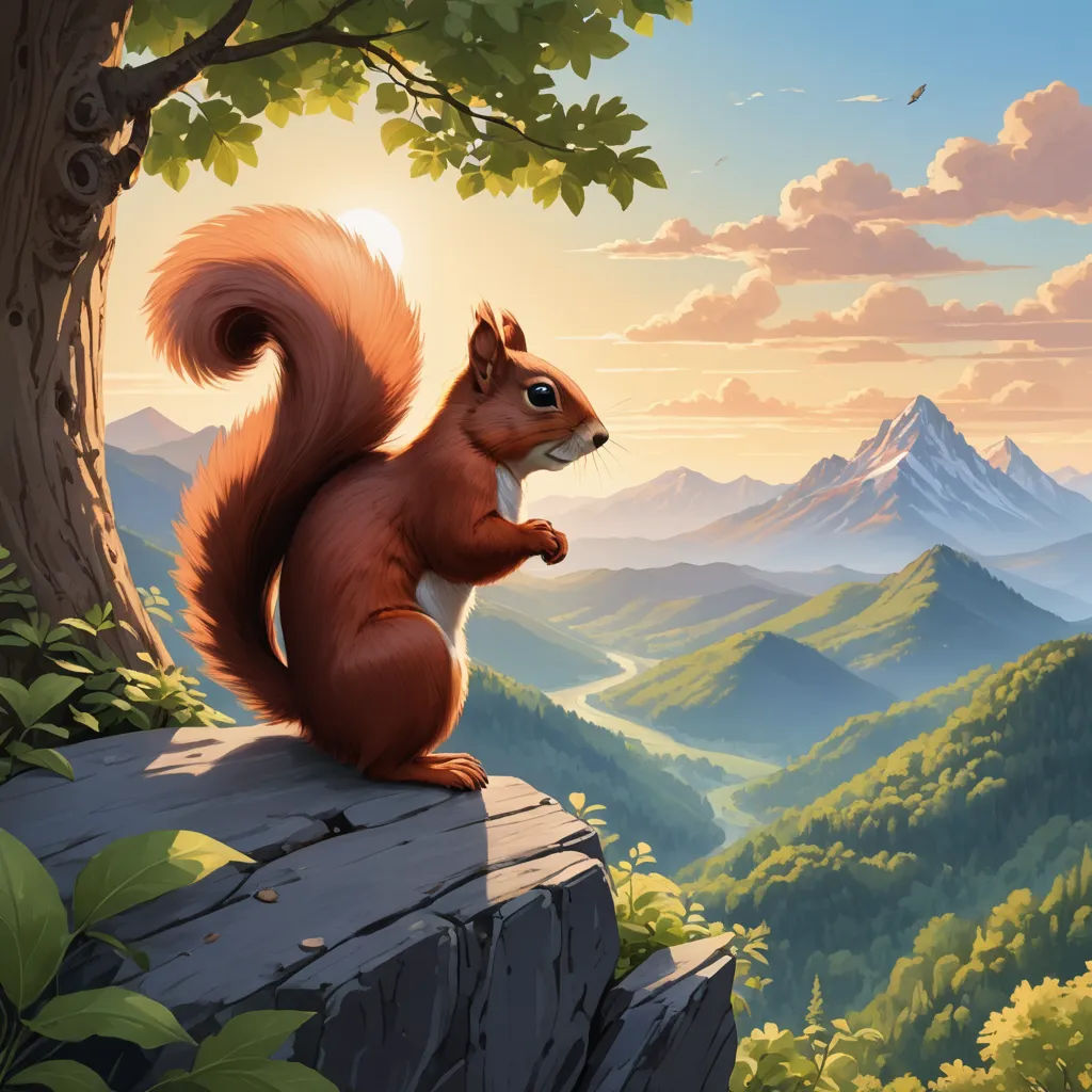 a squirrel is sitting on a rock and looking at the camera with a mountain view in the background and a bird flying over the top, fantasy art, a storybook illustration, Chris LaBrooy, official art
