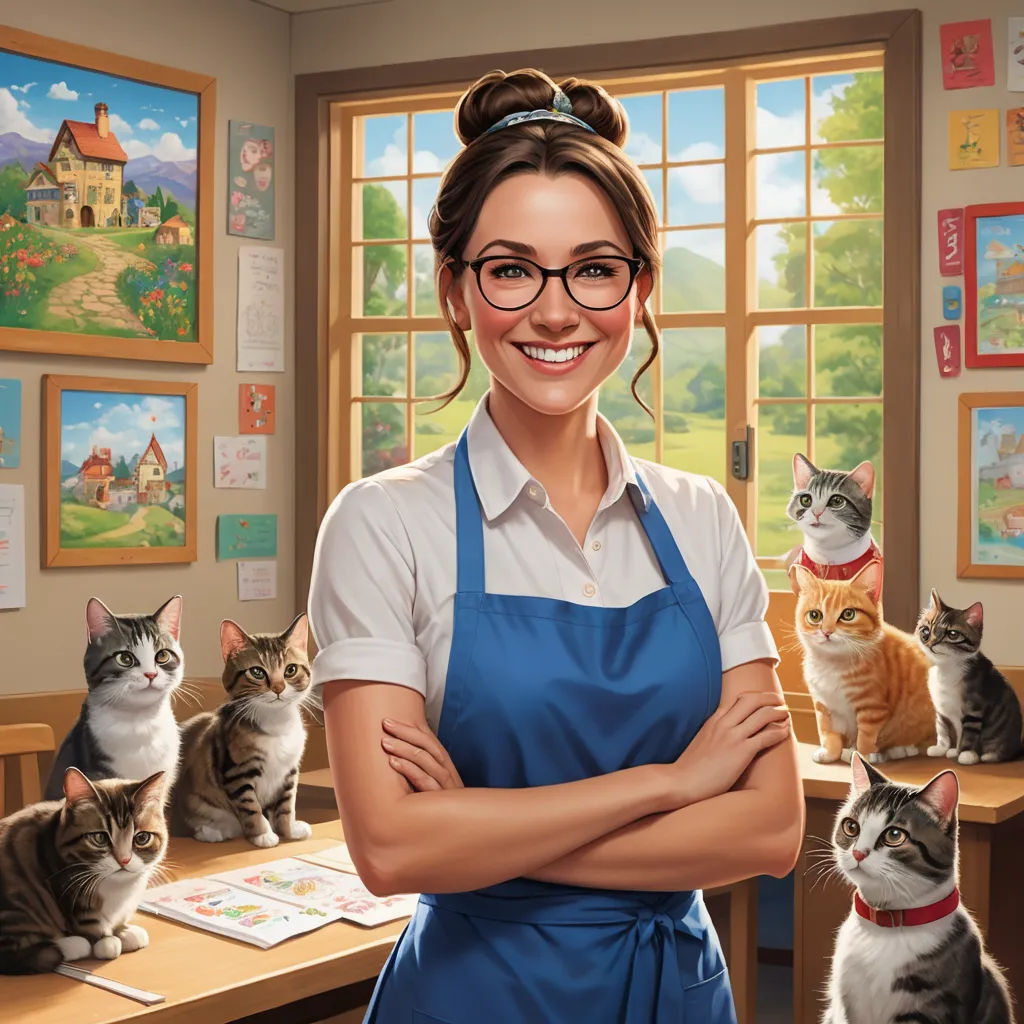 a woman in an apron standing in front of a group of cats in a classroom with a window and a painting of a woman with cats behind her, sots art, a character portrait, Bourgeois, key art